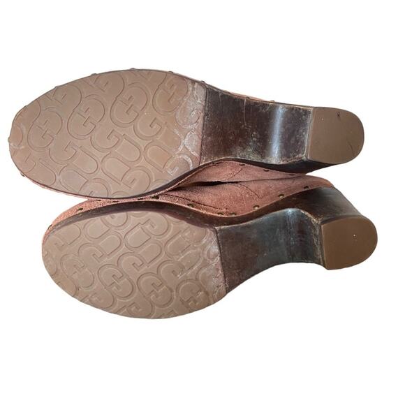 UGG Lynnea Chestnut Brown Suede Leather Shearling Wooden Heel Ankle Boots size 7 - Picture 11 of 11